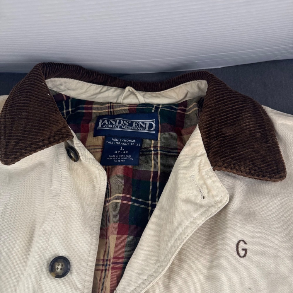 Lands End Mens Cream Canvas Field Coat Plaid Lined Corduroy Collar Large Tall